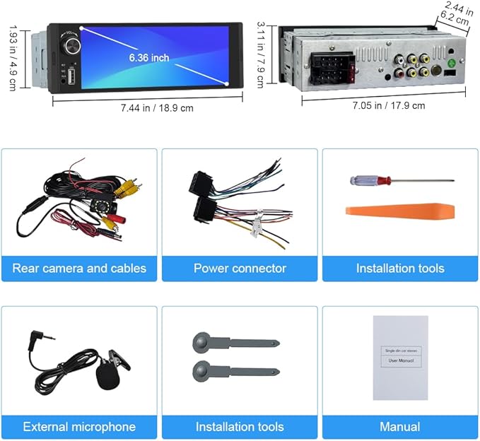Single Din Car Stereo, 6.36 Inch CarPlay & Android Auto HD IPS Touchscreen Radio with Bluetooth with Backup Camera, Support USB Type-C Charging/USB/Microphone/FM/EQ