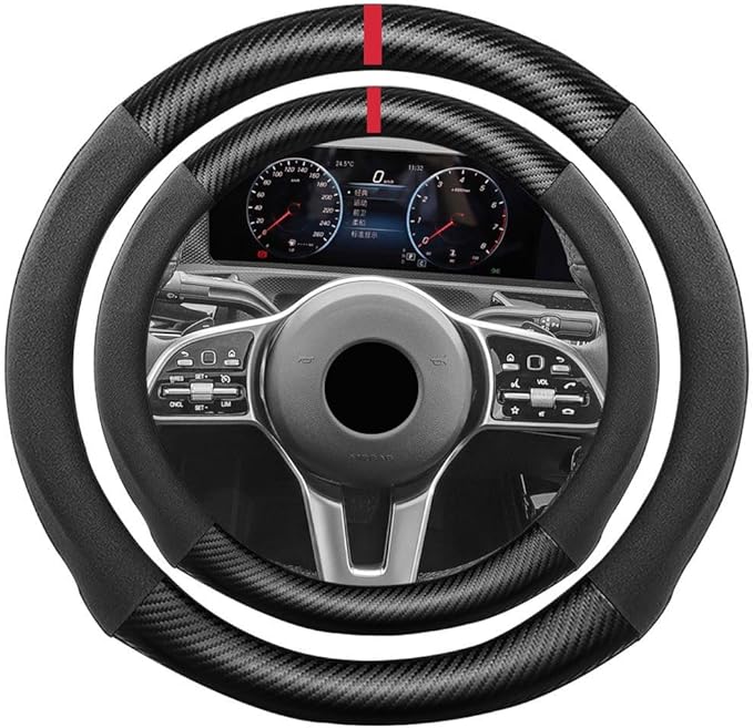 Suede Carbon Fiber Steering Wheel Cover, Compatible with Benz A C E S CLS GLA GLB GLC GLE GLS G 15 inch Soft SuedeTouch Leather Sport Non-Slip Automotive Interior Accessories