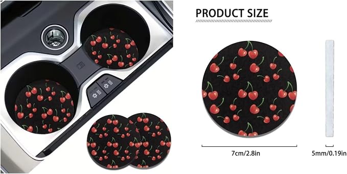 Ystardream Stylish Cherry Car Seat Covers Full Set Cherry Car Accessories for Women Front Seat Cover Steering Wheel Armrest Cover Seat Belt Cover Cup Holder for Auto SUV Interior Decoration
