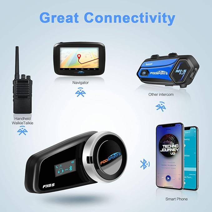 Fodsports FX6S Motorcycle Helmet Bluetooth, 1000m Motorbike Intercom Bluetooth, 6-Way Motorcycle Helmet Communication System/Voice Dial/Universal Pairing/FM Radio (1 Pack FX6S with LED)