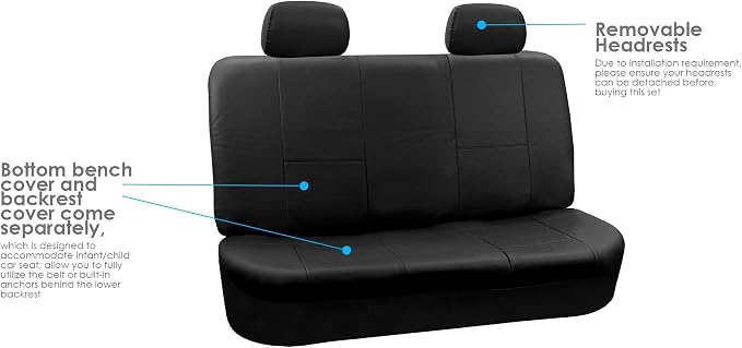FH Group PU001114 + F11306 PU Leather Seat Covers (Black) Full Set – Universal Fit for Cars Trucks & SUVs