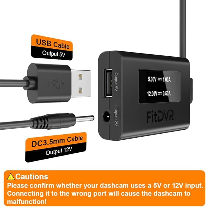 Dash Camera Power Adapter 12-Pin (Type A) for for Hyundai, Kia, Genesis, LED Display USB Power Source, Easy to Install, 5V 12V Output, D3-038