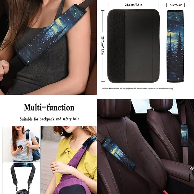 Starry Night Forest Hand Drawing 13 Pcs Car Seat Covers Full Set Steering Wheel Cover Starry Sky Art Painting Back Headrest Cover Coaster Keychains for Trucks Sedan SUV