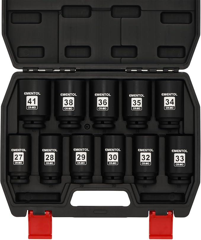 EMENTOL 11PCS 1/2-Inch Drive Spindle Axle Nut Impact Socket Set, CR-MO, 6 Point, Metric, 1/2" Dr. Deep Impact Socket Set, 27mm - 41mm