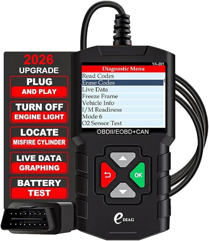 YA-201 Obd2 Scanner, Full OBD2 Modes Check Engine Code Reader After 1996 All OBDII/EOBD/KOBD/CAN Cars, O2 Sensor EVAP Systems, Battery Test,Live Data Stream,Plug & Play