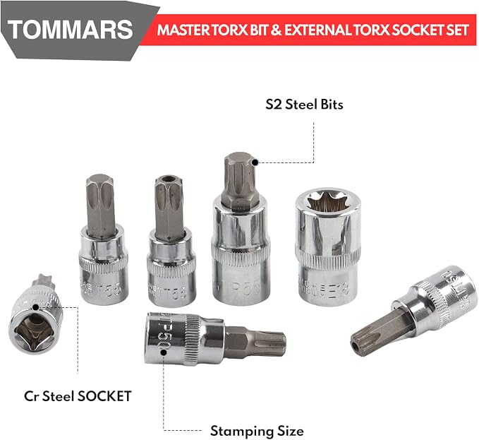 TOMMARS 14-PC Long Torx Bit Socket Set T10-T70 & 60-Pc Master Torx Bit Socket and External Socket Set