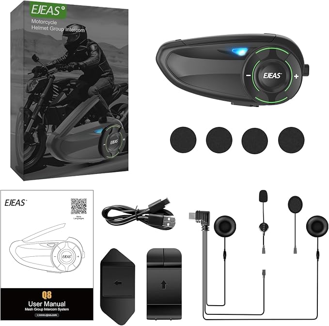 EJEAS Q8 Motorcycle Helmet Bluetooth Intercom, New Mesh 3.0 Group Intercom System with Music Sharing and Channel Switching for 6 Riders Talking at The Same Time (1 Pack)