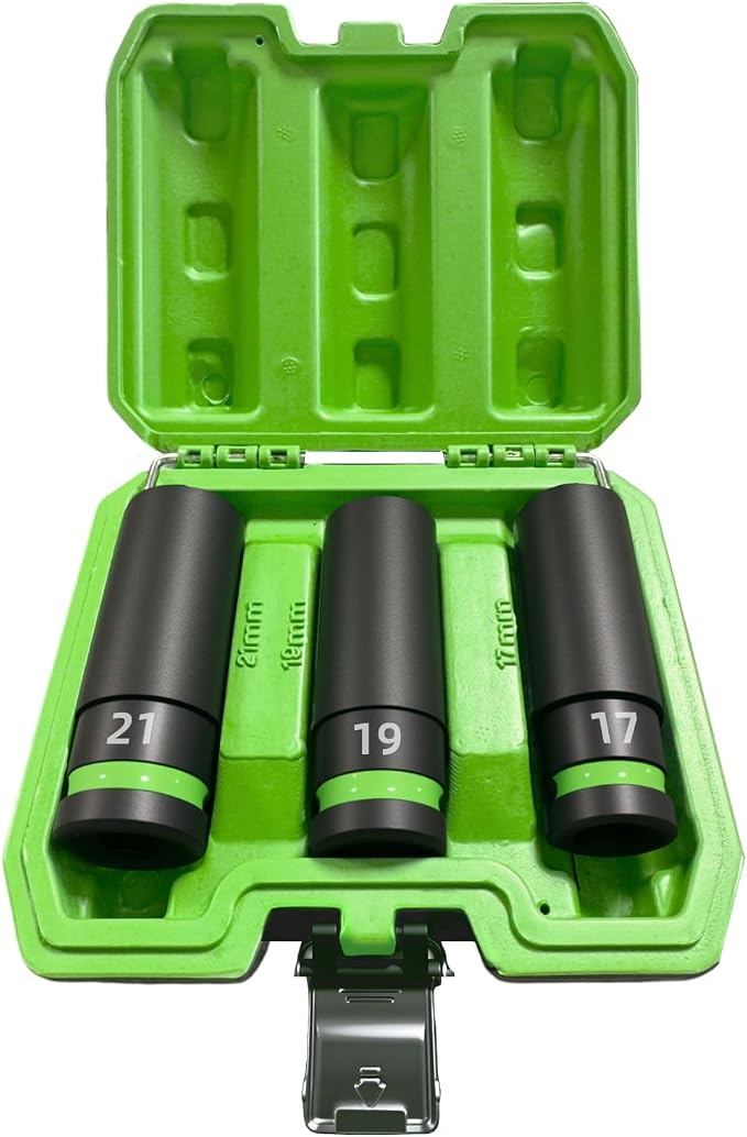 Lug Nut Socket Set, 3-Piece 1/2-inch Drive Thin Wall Impact Socket Set for Wheel Nuts, Metic 17 19 21mm Non-Marring Wheel Protector Removal Tool, Cr-Mo Steel, PTM02003