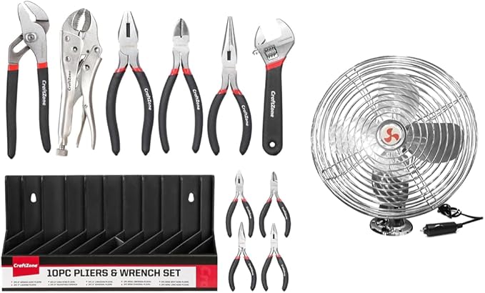 10PC Pliers and Wrench Set with Storage Rack + 12V Fan for RV|Truck|Bus|Boat|Forklift|Car|Camper|Lawn|Mower|Tractor