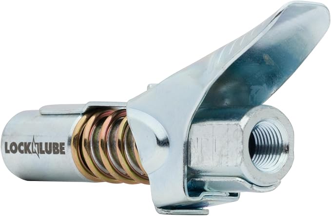 LockNLube Grease Gun Coupler locks onto Zerk fittings. Grease goes in, not on the machine. World's best-selling original locking grease coupler. Rated 10,000 PSI. Long-lasting rebuildable tool.