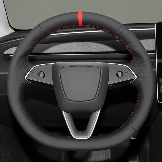 MEWANT Black Smooth Embossed Faux Leather Steering Wheel Cover for Tesla Model 3 Highland 2025 Model Y Juniper 2025