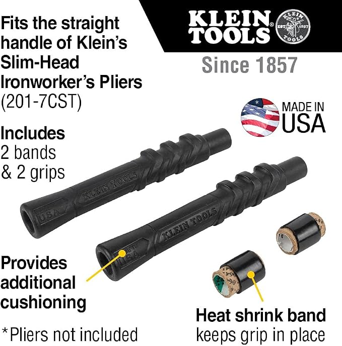 Klein Tools D213-9ST High-Leverage Ironworker's Pliers, Twist and Cut Soft Annealed Tie Wire, Hook Bend Handle, Spring Loaded, Heavy-Duty Jaws & M200ST Plier Cushion Grip Kit with Heat Shrink Bands