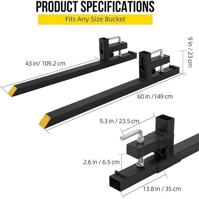 Heavy Duty 60" Clamp-On Pallet Forks for Tractor Loader Bucket – 4000 lbs Capacity – Adjustable Stabilizer Bar – Quick Attach Skid Steer Fork Attachment – Ideal for Farm and Agricultural Equipment