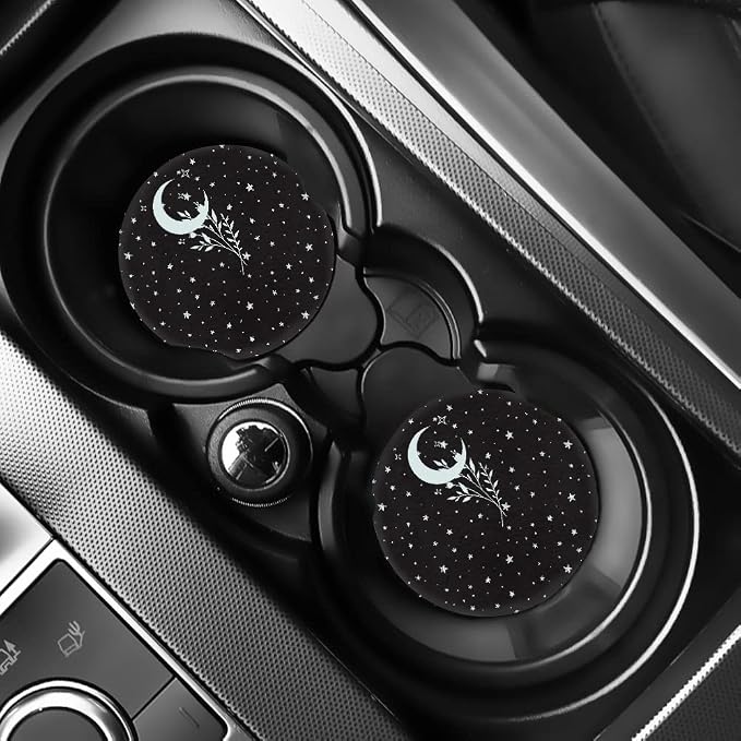 Xoenoiee 11 Pcs Crescent Moon Stars Design Car Accessories Seat Cover Full Set for Women, Steering Wheel Cover, Front & Rear Seat Cover, Seat Belt Pads, Cup Coaster, Key Chains - Universal