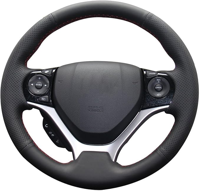 Loncky Carbon Fiber Black Genuine Leather Steering Wheel Cover for Honda Civic 9 Civic 2012 2013 2014 2015 Hand Stitched Custom Fit Car OEM Parts Interior Accessories