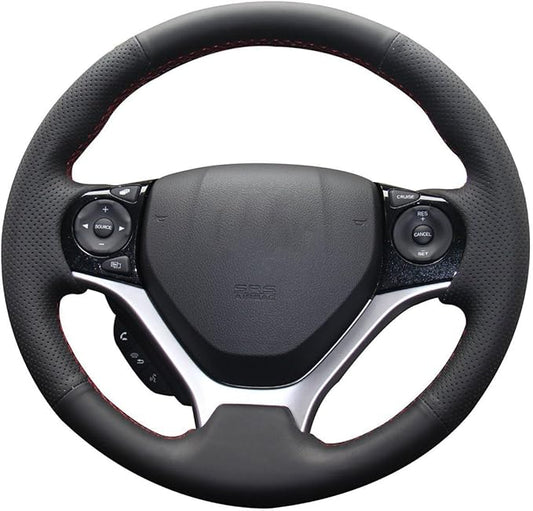 Loncky Carbon Fiber Black Genuine Leather Steering Wheel Cover for Honda Civic 9 Civic 2012 2013 2014 2015 Hand Stitched Custom Fit Car OEM Parts Interior Accessories