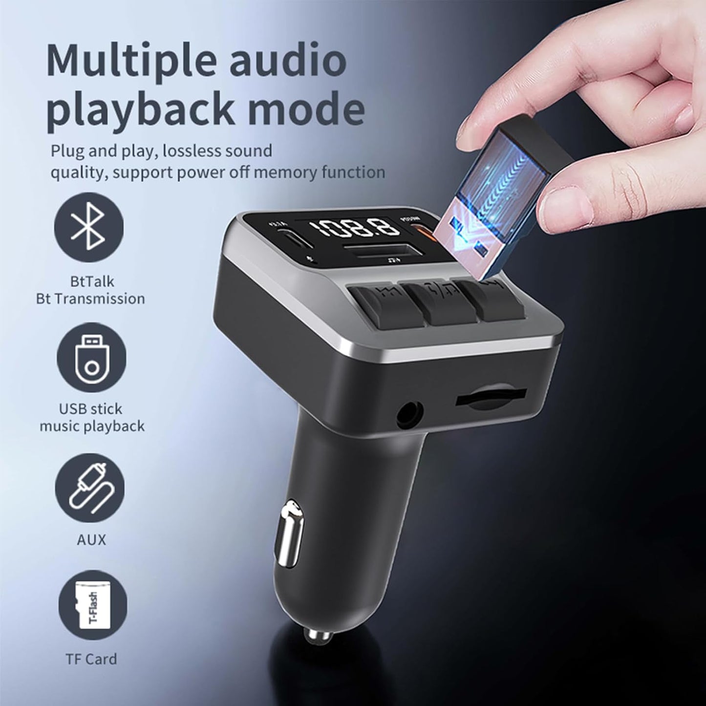 Car Bluetooth 5.3 FM Transmitter，with Dual PD 30W Type-C Car Fast Charging and Support USB Port Bluetooth Adapter, Hands-Free Calling，Support AUX, TF Card，U Disk(C65)
