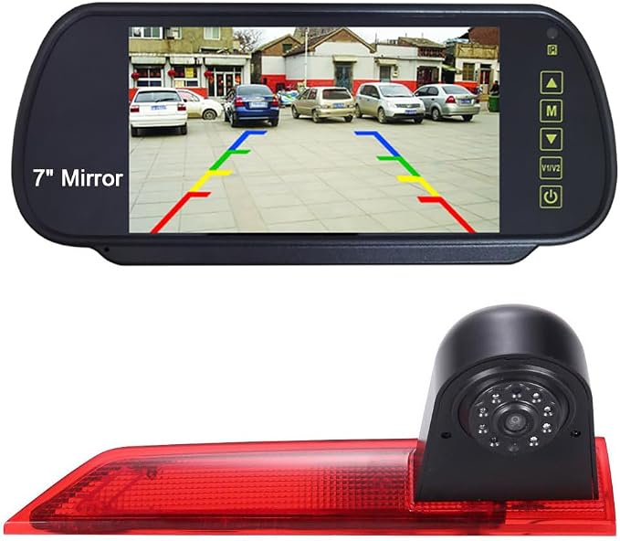 7 inch LCD Mirror Monitor+High Mount Brake Light Rear View Reverse Backup Camera Replacement for Ford Transit Custom 2012-2016 Transporter Business MPV SUV Bus