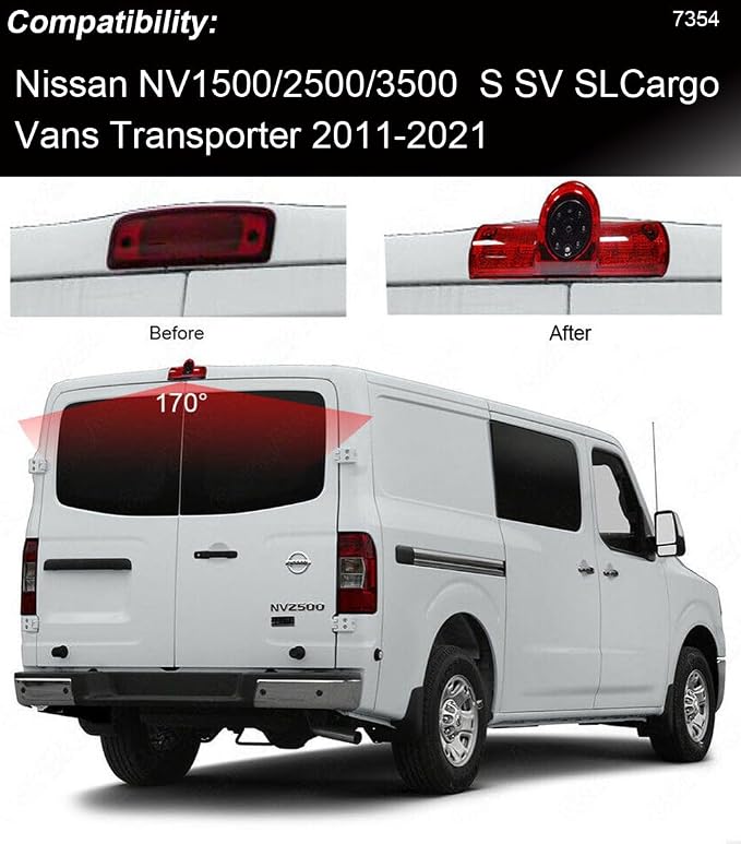 High Mount Rear Light Lamp Rear View Reverse Camera Parking Camera+7" LCD Screen Monitor Replacement for Nissan NV 1500/2500/3500 S SV SL Cargo Vans Transporter 2011-2021