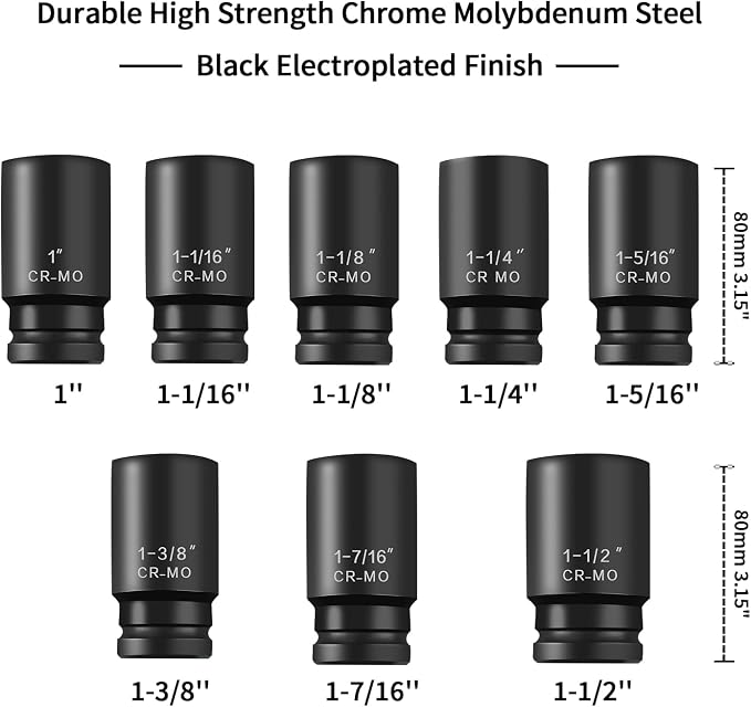TONYNOL 3/4 Inch Drive Deep Impact Socket Set,6-Point,SAE(1"to 1-1/2"),8 Pcs,Cr-Mo.Heavy Duty Impact Socket Set.