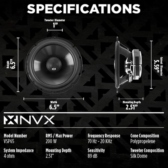 NVX VSP65 6.5" Premium Car Speakers, 600W Max, 200W RMS, 2-Way 6-1/2 inch Coaxial w/ 1" Silk Dome Tweeters & Built-in X-Overs, Easy to Install in Cars/Trucks/Doors (Pair)