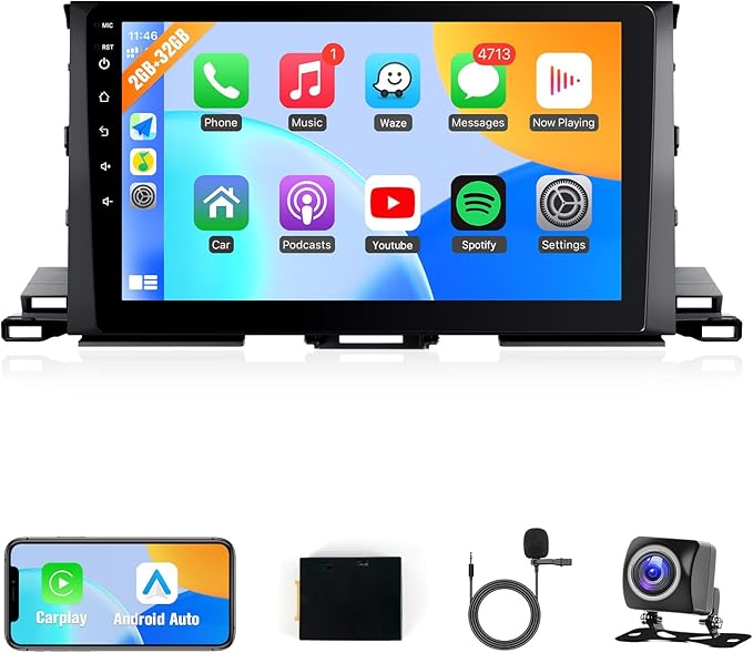 Naifay Android Car Stereo for Toyota Highlander 2014-2019, 2+32G 10.1inch IPS Touch Screen for Highlander Radio with Carplay Android Auto Bluetooth GPS WiFi SWC Camera + Can Bus