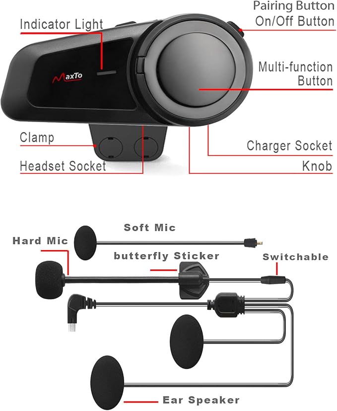 MAXTO Motorcycle Bluetooth Headset, M2 Group Motorbike Helmet Communication Systems 6-Way BT5.0 Waterproof Intercom 1000M Range with FM Radio,Siri,Voice dial for Ski/ATV/Full/Half Face(2 in 1 Mic)