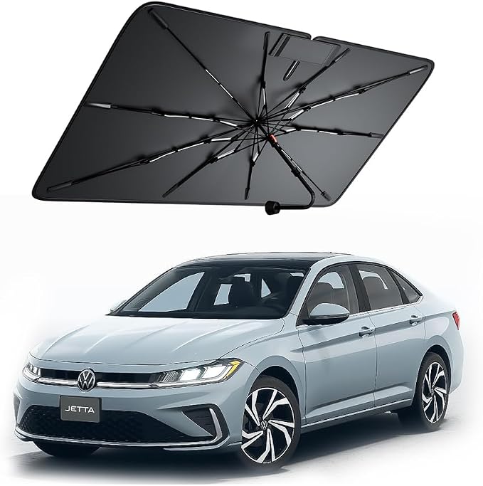 Windshield Sun Shade for Volkswagen Jetta 2000–2026, Foldable Umbrella Sunshade with 100% UV Block, Multi-Layer Heat Insulation, Reinforced 10-Rib Frame, Keeps Car Cooler Summer Car Accessory