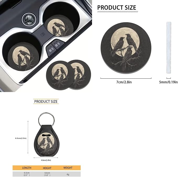 Suobstales Raven Moon Print Car Accessories with Car Front Rear Split Seat Covers, Seat Belt Pads + Steering Wheel Cover + Coaster + Keyrings for Women Set of 11-Pcs