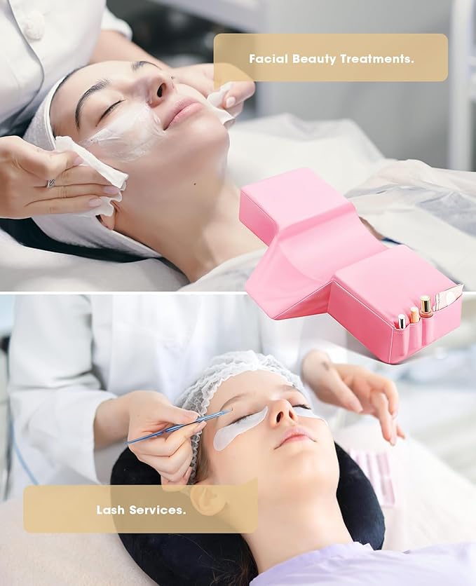 Onism 23'' Extra Wide Lash Pillow for Eyelash Extensions, Waterproof PU Leather Memory Foam Neck Support, Ergonomic Salon Grafting Headrest with Side Organizers, Pink