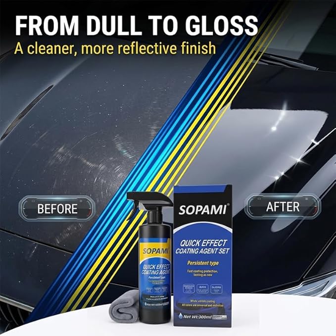 Sopami Ceramic Spray Coating, High Shine Car Wax, 3-in-1 Car Detailer | Waterless Car Wash, Long-lasting Hydrophobic, High Gloss Shine, for Window Glass, Wheels, Trim,17.5 oz with Towel (Pack of 1)