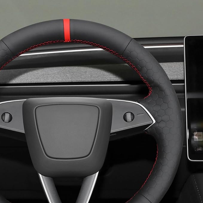 MEWANT Black Smooth Embossed Faux Leather Steering Wheel Cover for Tesla Model 3 Highland 2025 Model Y Juniper 2025