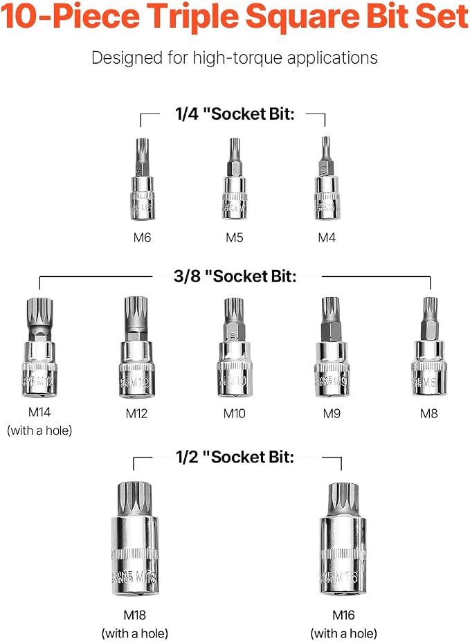 VEVOR XZN Triple Square Spline Bit Socket Set, 10-Piece M4 - M18, Premium Cr-V Steel, 1/4 in, 3/8 in, and 1/2 in Drives, with Enhanced Storage Case, Triple Square Socket Set for Hand Use, Automotive