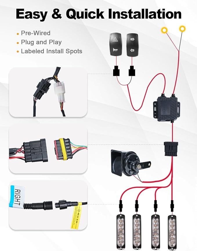 UTV Turn Signal Kit with 110dB Horn, Plug and Play, Pre-Wired UTV ATV Blinker Kit with Rocker Switch, Universal Street Legal Turn Signals Kit Compatible with Polaris, Can-Am, Teryx, CFMOTO