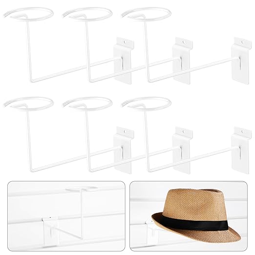 Kigley 6 Pcs Hat Display Wall Mount, Metal Hat Helmet Rack Retail Store Display Shelves Organizer, Slat Wall Accessories for Home Retail Shop Racks Craft Show Garage (White)