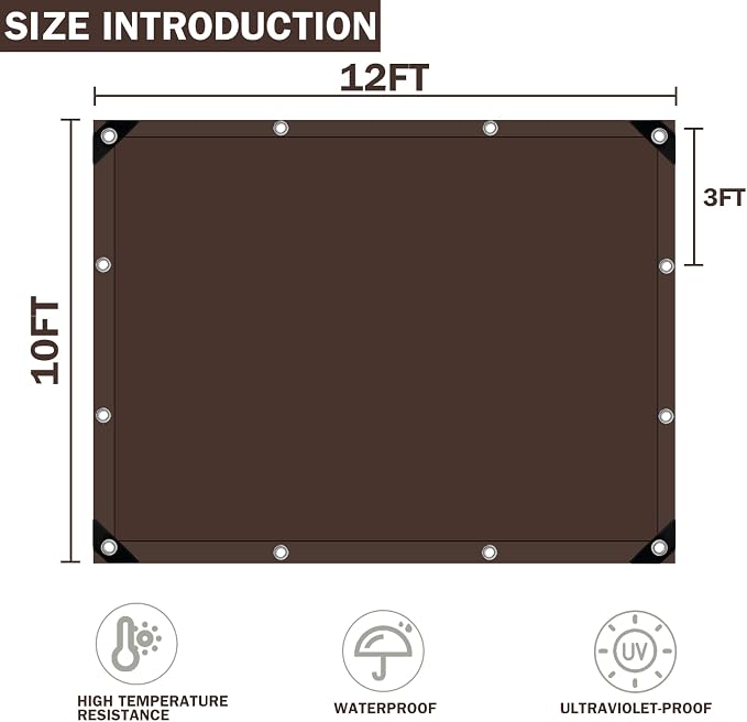 Tarps Heavy Duty Waterproof, 16 Mil Large Tarps with Grommets, UV Resistant and Tear&Fade Resistant, Brown Heavy Duty Tarps for Outdoors Patio Camping, 10 * 12FT