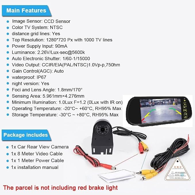 1280 * 720 Pixel Third Roof Brake Lamp Car Backup Camera Replacement for Mercedes-Benz Viano W639 Vito/Mixto Kasten Bus W639 Waterproof Night Vision Reverse Parking+7" inch TFT LCD Mirror