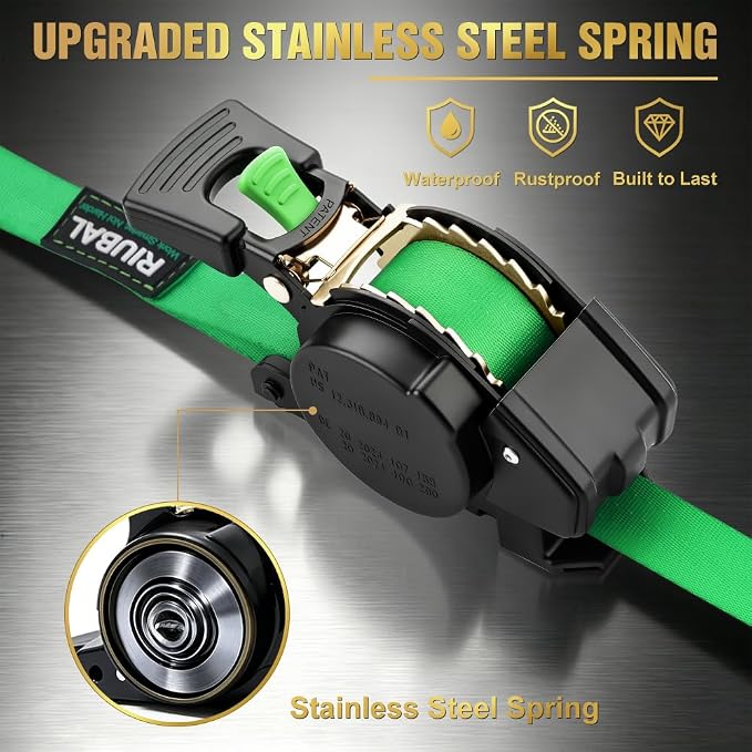 Retractable Ratchet Straps (4-Pack) - 1 Inch x 15 Feet (1,764lb Break Strength) - Auto Self Retracting Tie Down Straps Heavy Duty for Motorcycle, ATV, UTV, Truck, Cargo Trailer – Green