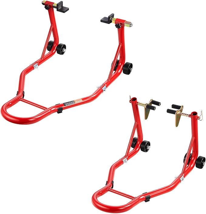 VEVOR Motorcycle Stand Lift, 850lbs Capacity Front Rear Combo Stand Lift, Front Wheel Dual-Fork Stand, Rear U+L Fork Swingarm Spool Stand, for Most Yamaha Honda Kawasaki Suzuki Motorcycles, Red