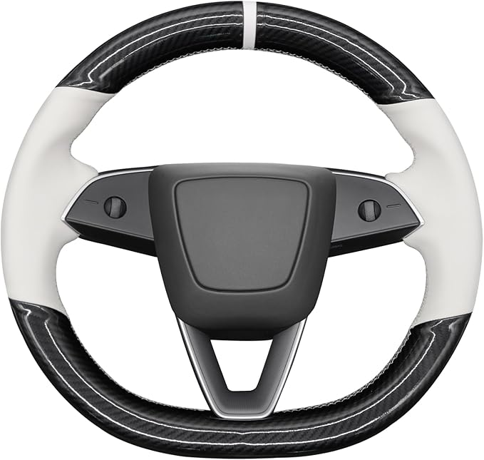 MEWANT Stitching White Faux Leather PU Carbon Fiber Steering Wheel Cover for Tesla Model 3 Highland 2025 Model Y Juniper