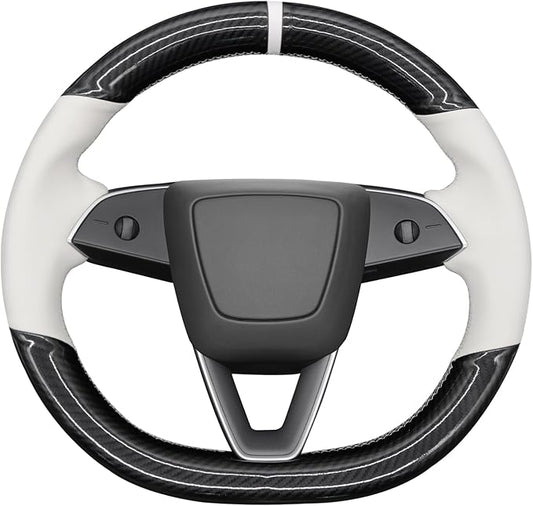 MEWANT Stitching White Faux Leather PU Carbon Fiber Steering Wheel Cover for Tesla Model 3 Highland 2025 Model Y Juniper