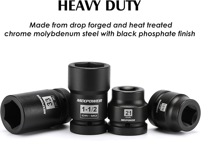 MIXPOWER 8PCS 1"Drive Impact Socket Set - 17mm, 21mm, 13/16" Square, 1-1/2" Budd Wheel, 33mm, 35mm, 38mm, 41mm Deep Impact Sockets for Truck Tire Service