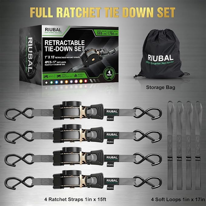 Retractable Ratchet Straps (4-Pack) - 1 Inch x 15 Feet (1,764lb Break Strength) - Auto Self Retracting Tie Down Straps Heavy Duty for Motorcycle, ATV, UTV, Truck, Cargo Trailer – Grey