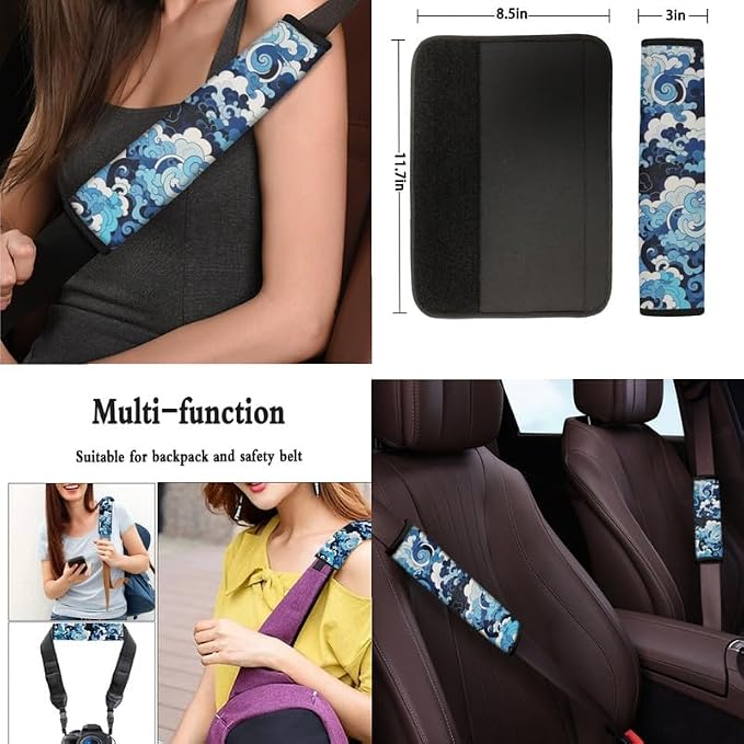 The Great Wave Off Kanagawa Pattern 13 Piece Car Seat Covers Retro Blue Swirl Wave Print for Women Steering Wheel Cover Cup Coasters Seat Belt Pads Cover