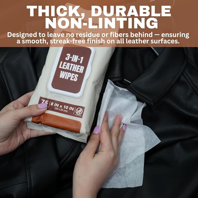 3in1 Leather Wipes 225 XL Count, Clean, Condition & Restore Shine, Extra-Large 8"x10" Wipes for Car Seats, Shoes, Furniture & Bags, Thick, Durable & Non-Linting, Safe for All Leather Types