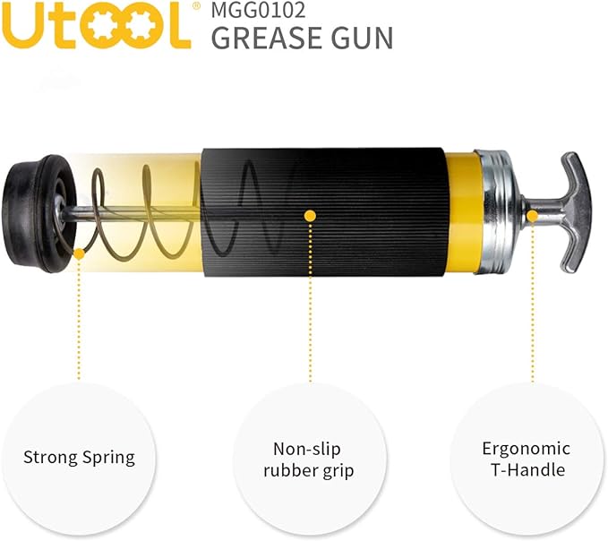 UTOOL Grease Gun, 8000 PSI Heavy Duty Pistol Grip Grease Gun Kit with 14 oz Capacity, 18 Inch Resin Flex Hose, 2 Basic Coupler, 2 Extension Rigid Pipe and 1 Sharp Type Nozzle, Argent Matte Finish