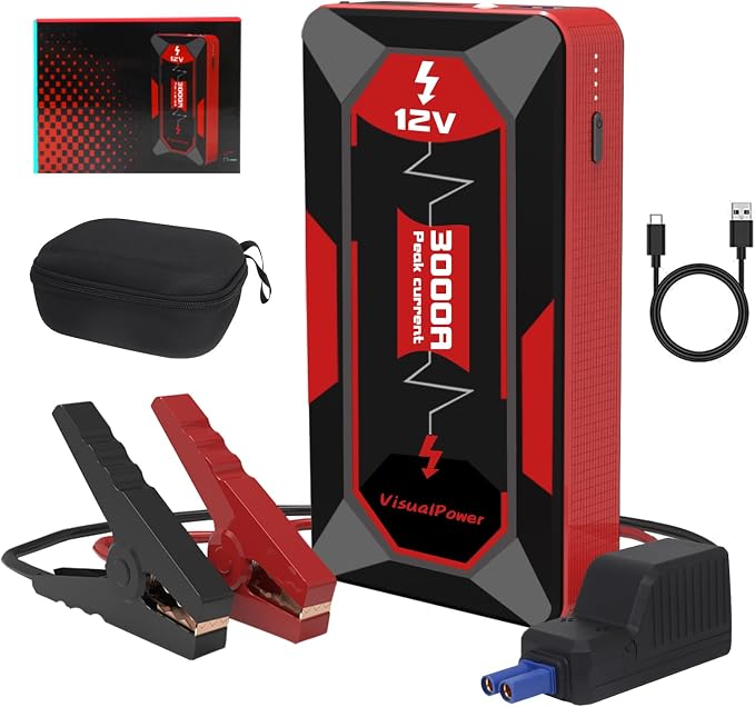 3000A Portable Car Jump Starter, 12V Battery Booster for 6.0L Gas/4.0L Diesel, 9 Safety Protections, Power Bank, 3-Mode LED Flashlight & Hard Case