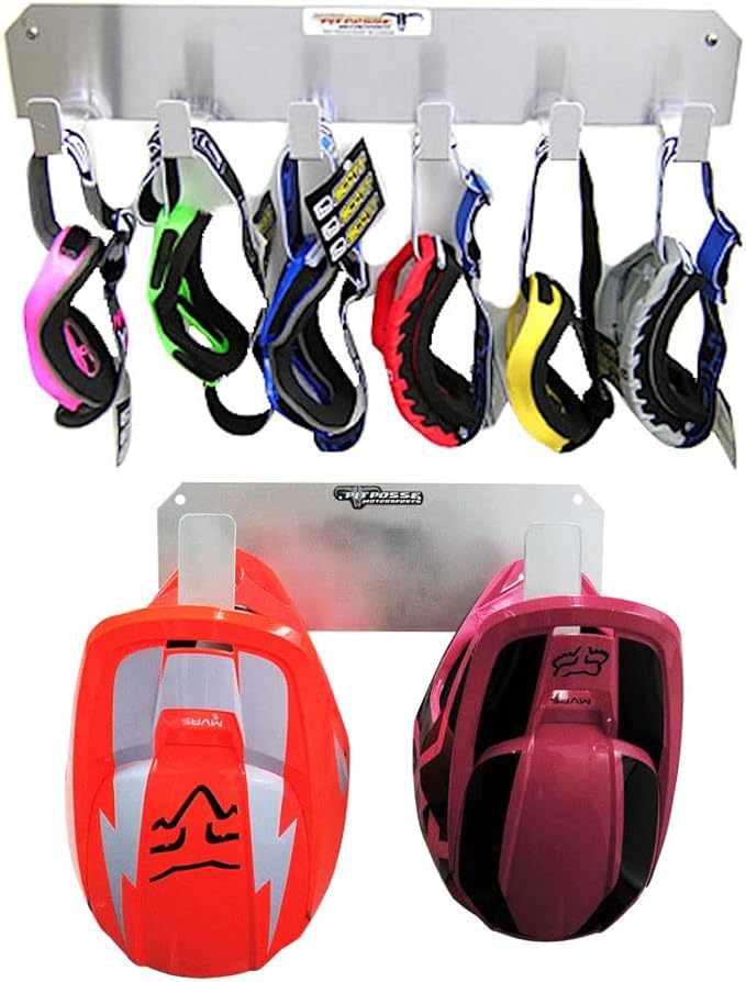 Pit Posse PP3350S Dual Helmet Rack and Goggle Rack 6 Mount Hanger Organizer Holder - Made in USA - Motorcycle MX Offroad Dirt Cabinet Shop Garage Enclosed Race Car Trailer Storage Accessory (Silver)