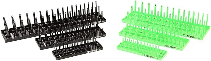 OEMTOOLS 22337 3-Post SAE And Metric Socket Tray Set, 6 Piece, Deep, Shallow, And Impact 3 Row Socket Organizer for Tool Box Drawer, 1/4, 3/8 and 1/2 Inch Drive, SAE And Metric, Black, Green