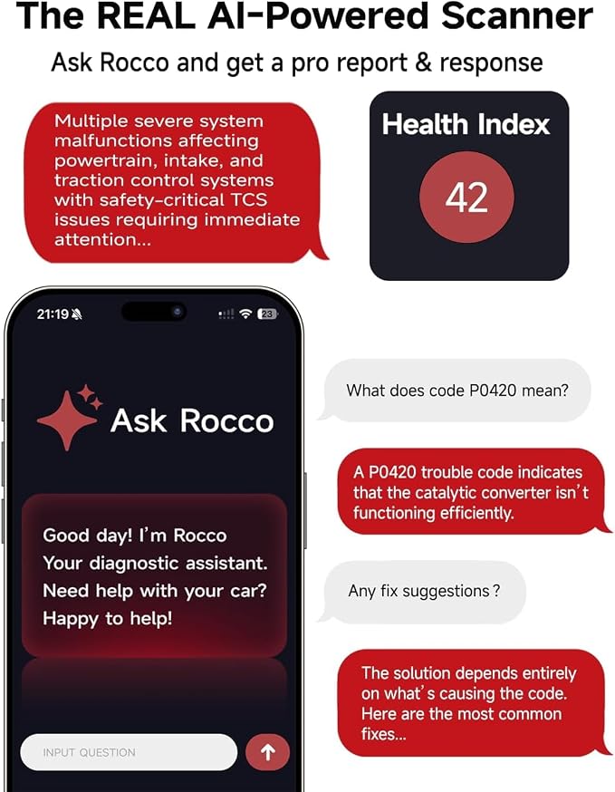 Rocco OBD2 Scanner Bluetooth for iOS Android, AI Diagnostic Tool for Car Repair, No Subscription Fee, AutoVIN, 45000+ Fault Codes, Check & Clear Engine Codes, Real-Time Data, Vehicles 1996+(Black)